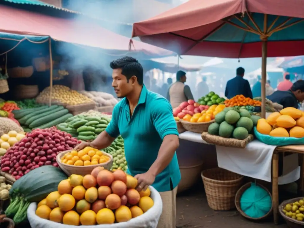 Un mercado peruano bullicioso con frutas, verduras y especias exóticas