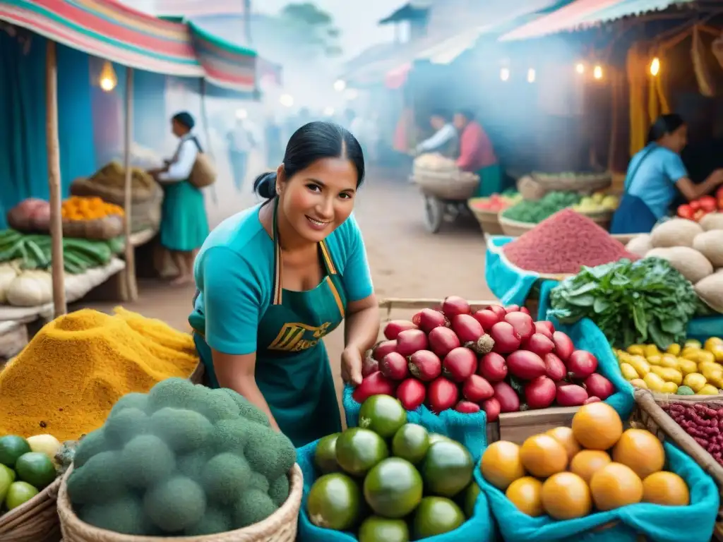 Un mercado peruano bullicioso con frutas, verduras y especias coloridas