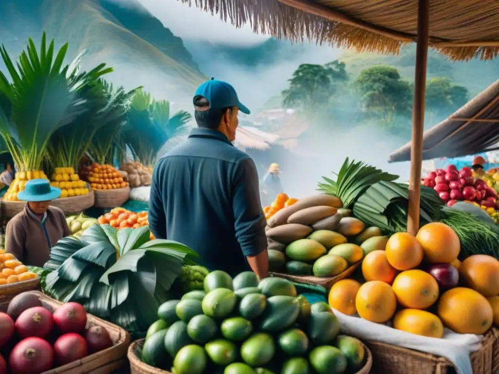 Un mercado peruano bullicioso con frutas y verduras vibrantes, reflejando la cocina peruana tradicional y su sostenibilidad ambiental