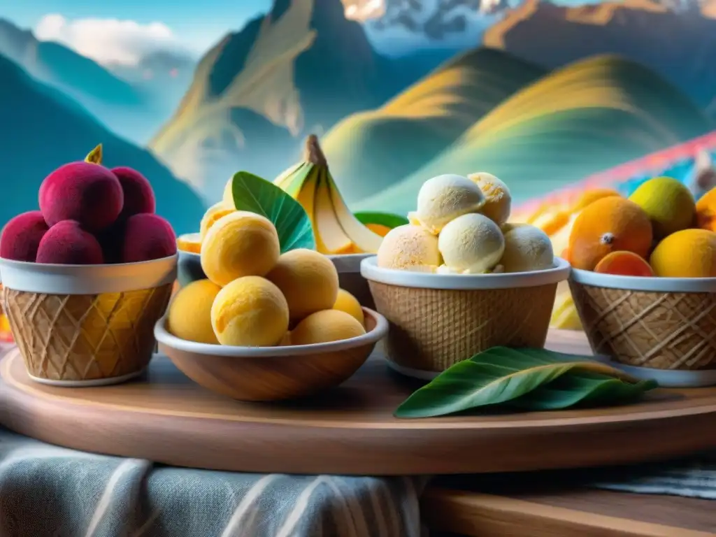 Un mercado peruano bullicioso, con frutas exóticas como lucuma y aguaymanto, montañas de los Andes al fondo