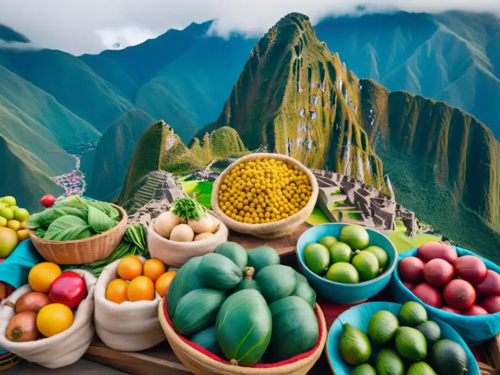 Un mercado peruano bullicioso con frutas, verduras y hierbas coloridas