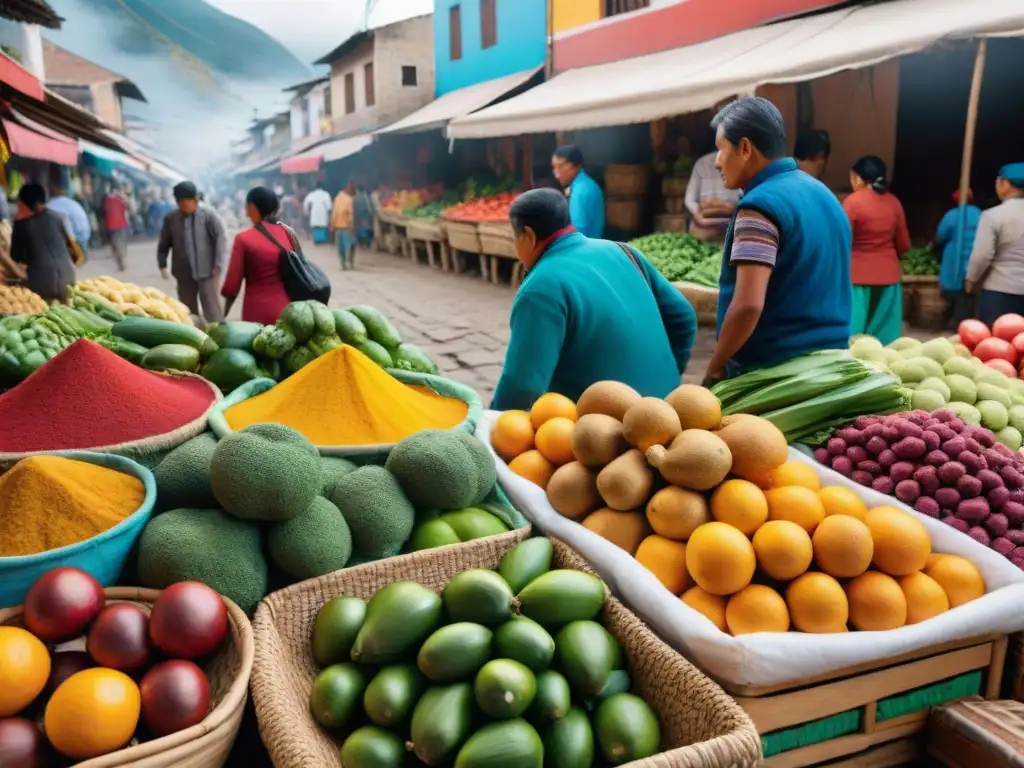 Un mercado peruano bullicioso con frutas, verduras y especias coloridas, mostrando inclusión en la gastronomía peruana