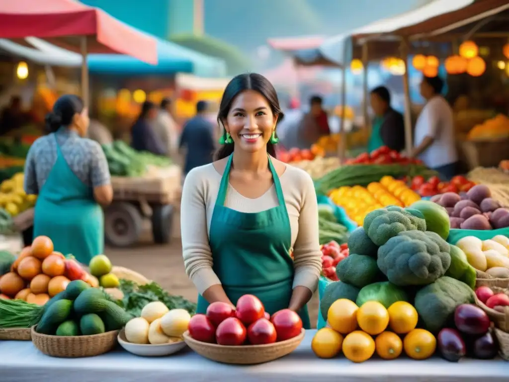 Un mercado peruano bullicioso con frutas y verduras vibrantes, vendedores locales y clientes diversos