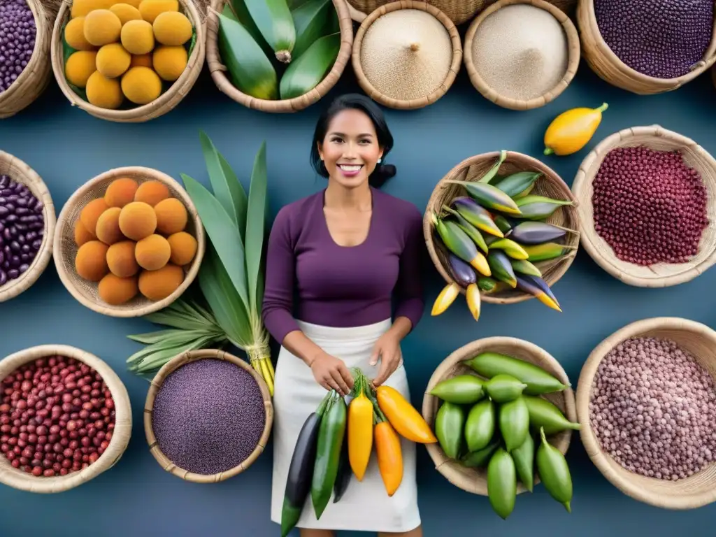 Un mercado peruano bullicioso con frutas exóticas y locales, ingredientes autóctonos y platos típicos como ceviche y lomo saltado