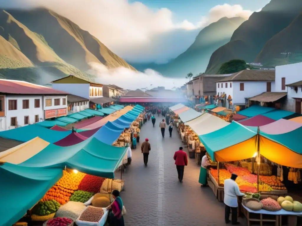 Un mercado peruano bullicioso al amanecer, con frutas exóticas, textiles coloridos y platos tradicionales