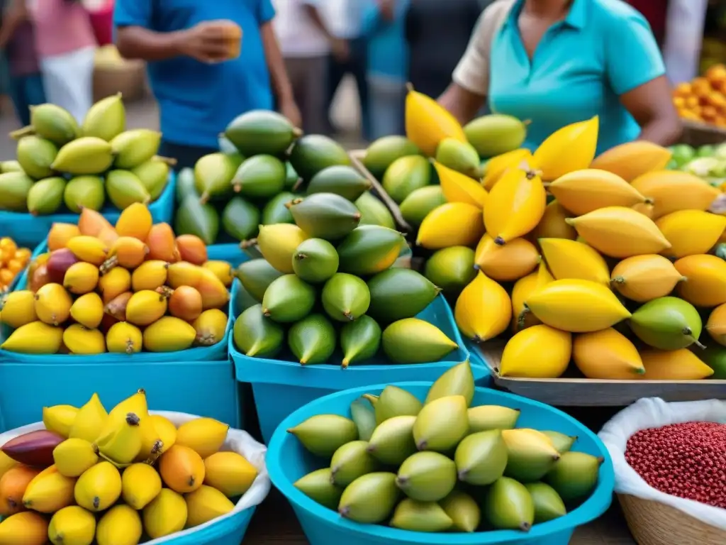 Un mercado peruano bullicioso con frutas de carambola frescas y coloridas