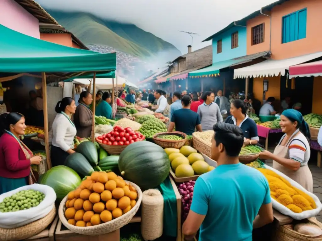 Un mercado peruano bullicioso con gastronomía local y diversidad cultural