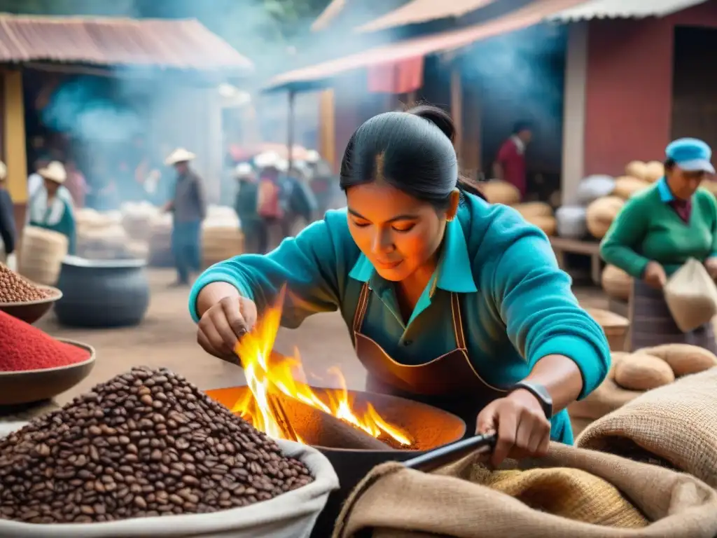 Un mercado peruano bullicioso donde se tuestan granos de café frescos sobre fuego abierto