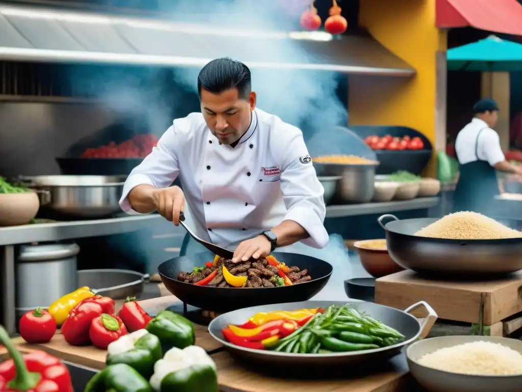 Un mercado peruano bullicioso donde se fusiona la historia del lomo saltado con aromas y colores vibrantes