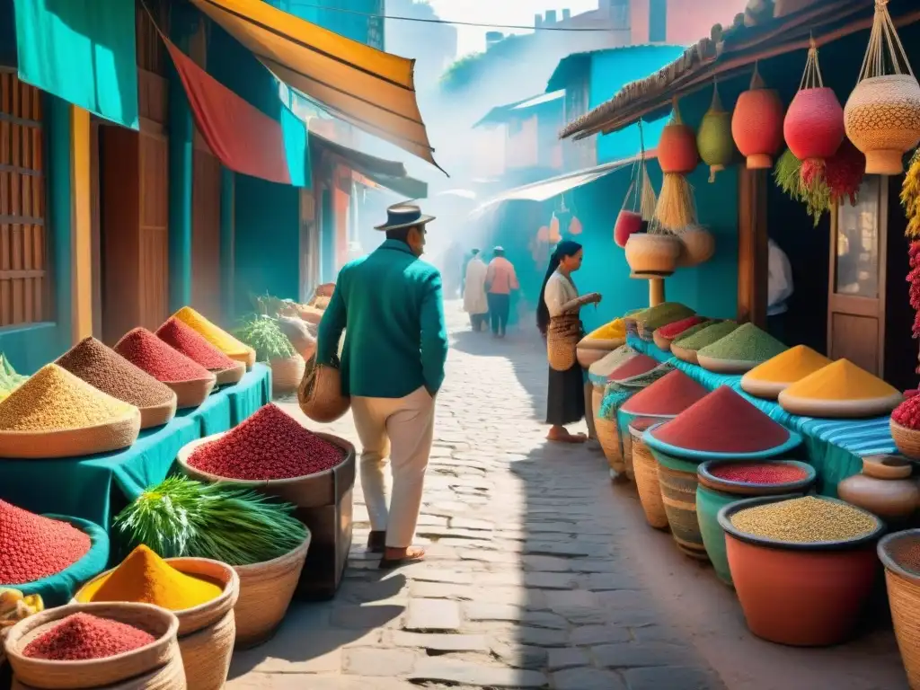 Un mercado peruano bullicioso con influencia árabe: colores vibrantes, ingredientes exóticos, vendedores locales y una atmósfera animada