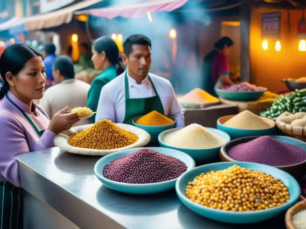 Mercado peruano bullicioso con ingredientes coloridos y chefs de distintas culturas