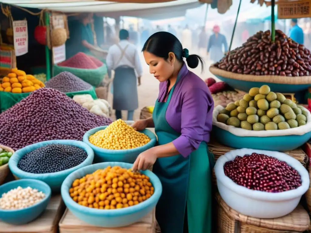 Mercado peruano bullicioso con ingredientes tradicionales y chefs locales, destacando la historia fusión gastronómica peruana