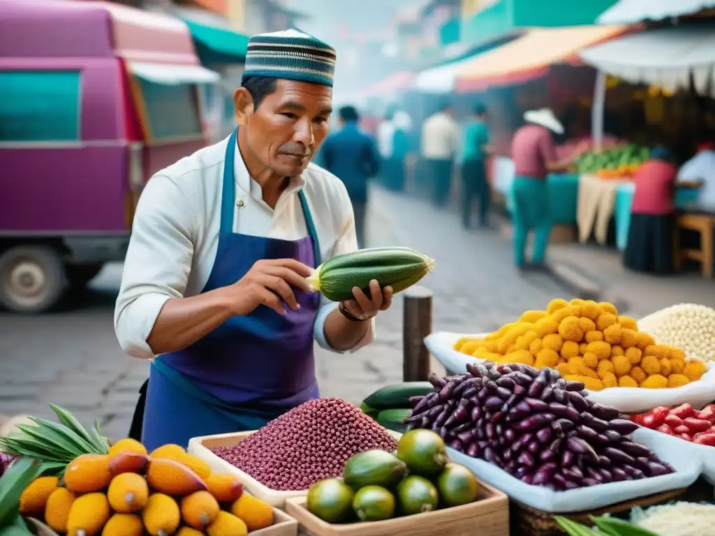 Un mercado peruano bullicioso con ingredientes autóctonos vibrantes y vendedores locales