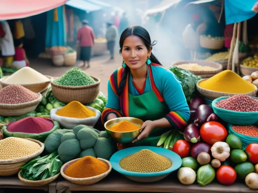 Un mercado peruano bullicioso con ingredientes coloridos para sopas peruanas reinventadas con ingredientes autóctonos