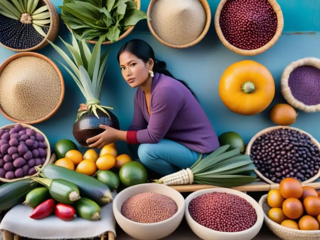 Un mercado peruano bullicioso con ingredientes autóctonos y colores vibrantes