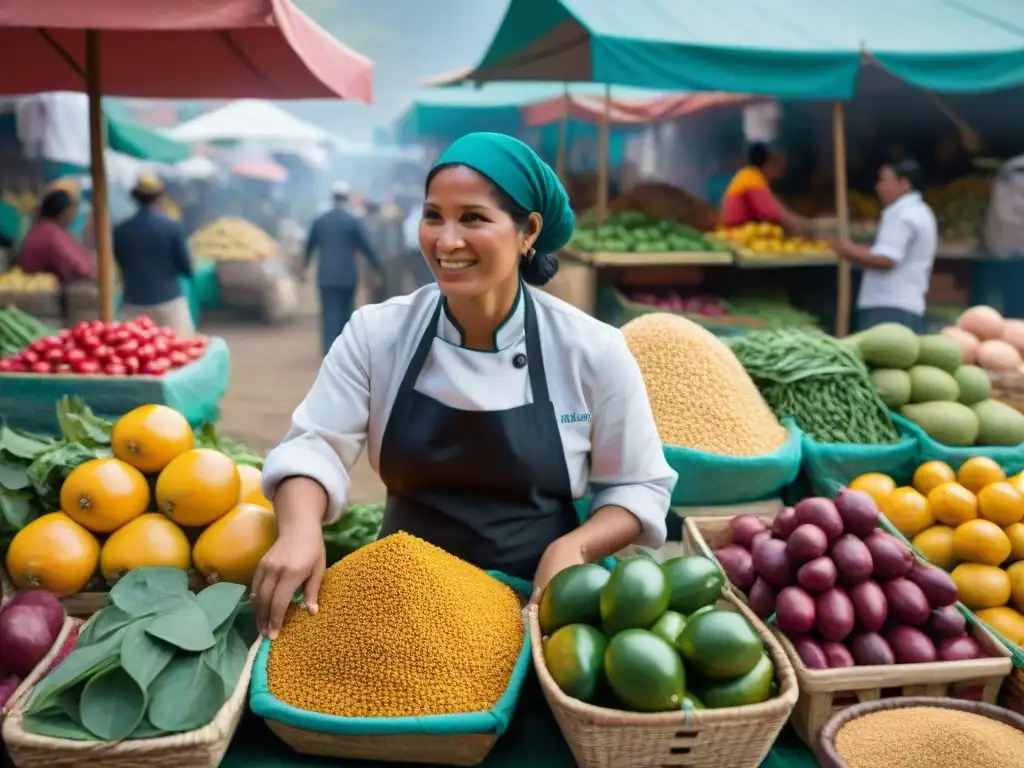 Un mercado peruano bullicioso con ingredientes tradicionales