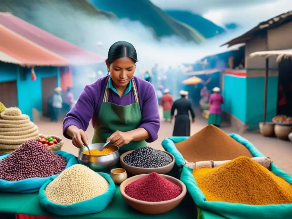 Un mercado peruano bullicioso con ingredientes autóctonos y vendedores locales en trajes tradicionales