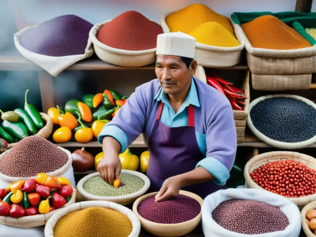 Un mercado peruano bullicioso con ingredientes autóctonos vibrantes y chefs preparando platos tradicionales