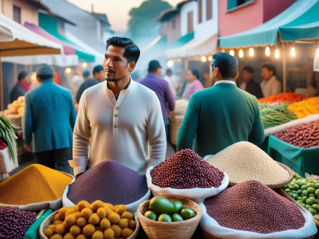 Un mercado peruano bullicioso con ingredientes autóctonos