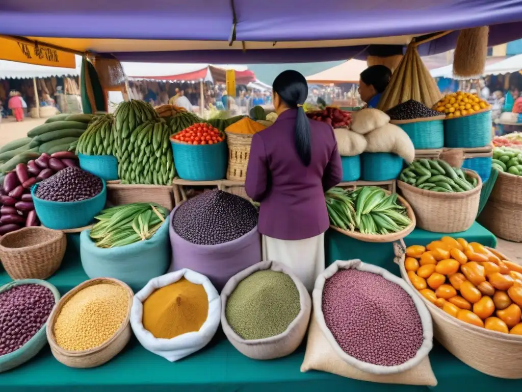 Un mercado peruano bullicioso con ingredientes autóctonos coloridos, reflejando la riqueza gastronómica peruana