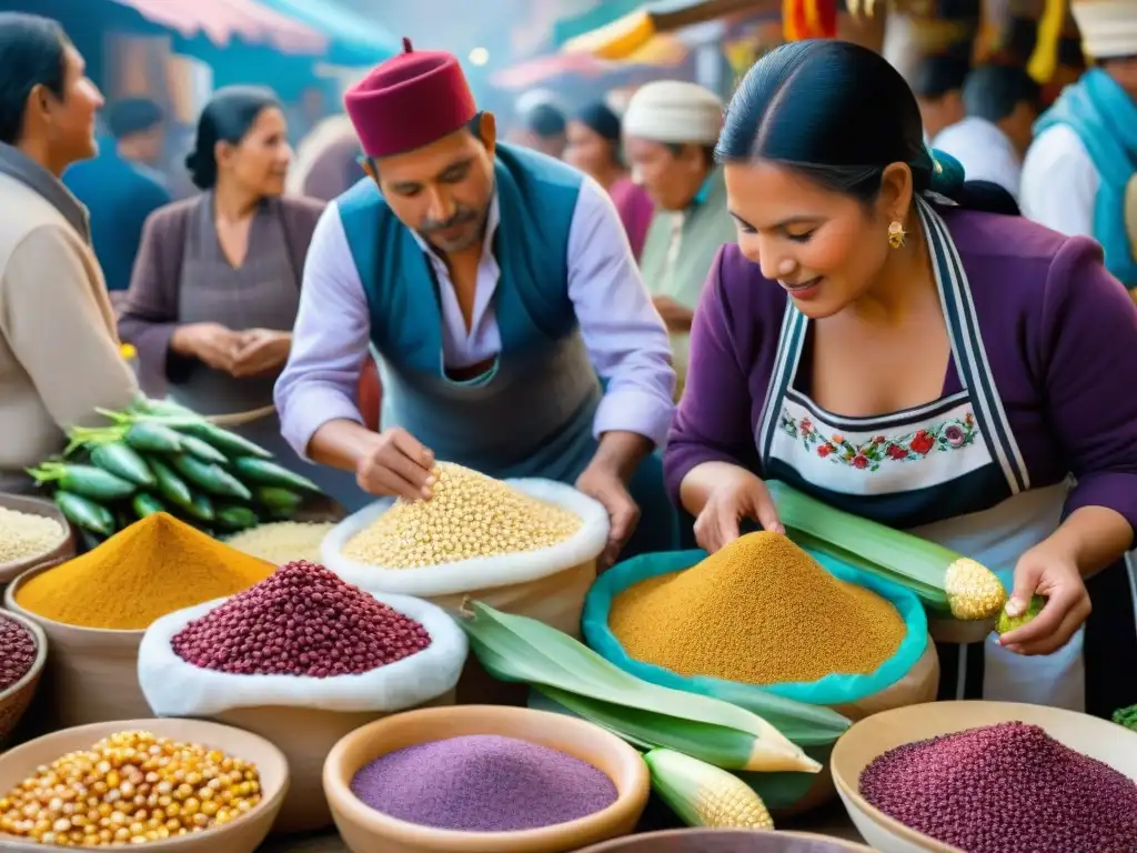 Un mercado peruano bullicioso con ingredientes autóctonos y colores vibrantes