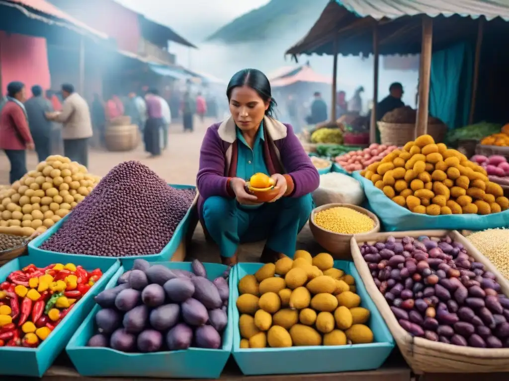 Un mercado peruano bullicioso con ingredientes autóctonos vibrantes