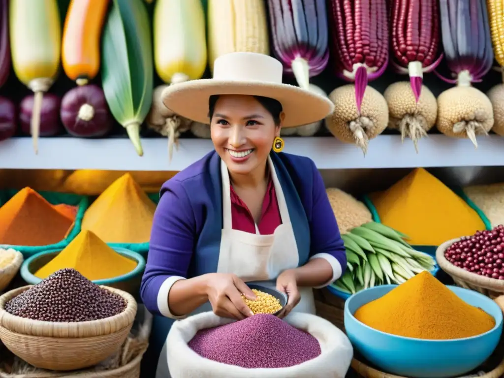 Un mercado peruano bullicioso con ingredientes autóctonos vibrantes como maíz morado y ají