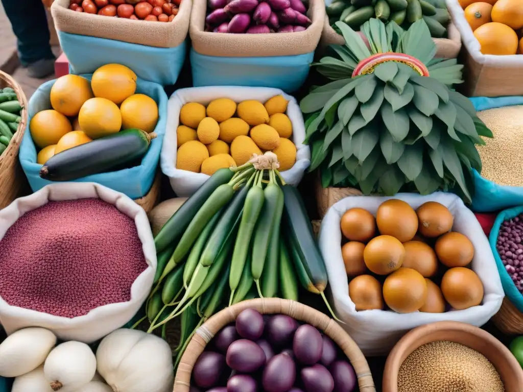 Un mercado peruano bullicioso con ingredientes autóctonos