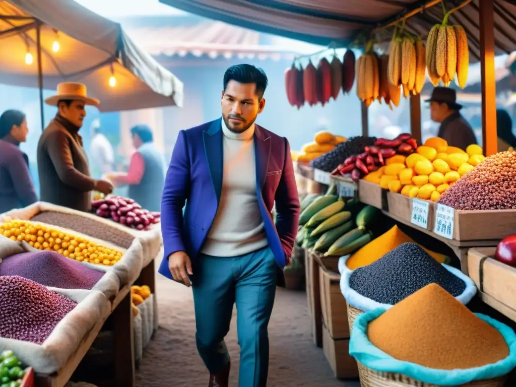 Un mercado peruano bullicioso con ingredientes autóctonos coloridos como maíz morado, quinua, ají y fruta de lúcuma