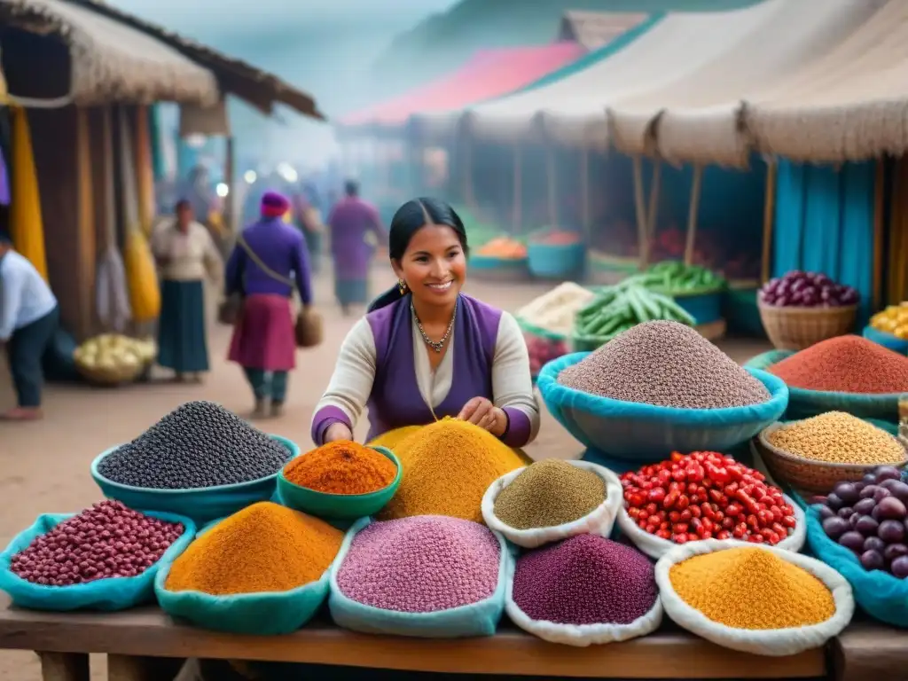 Un mercado peruano bullicioso con ingredientes autóctonos y vendedores locales