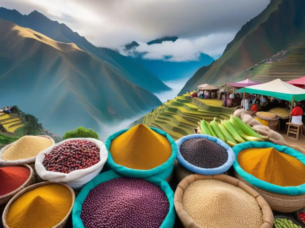 Un mercado peruano bullicioso con ingredientes autóctonos vibrantes y vendedores locales