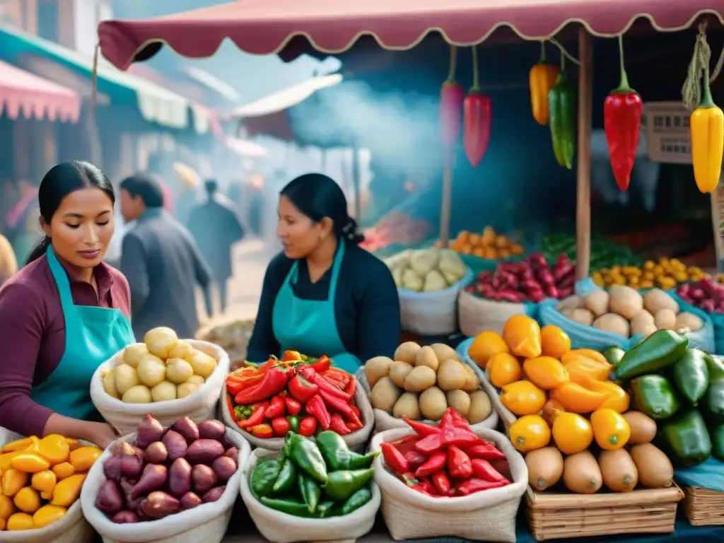 Mercado peruano bullicioso con ingredientes clave del ají de gallina