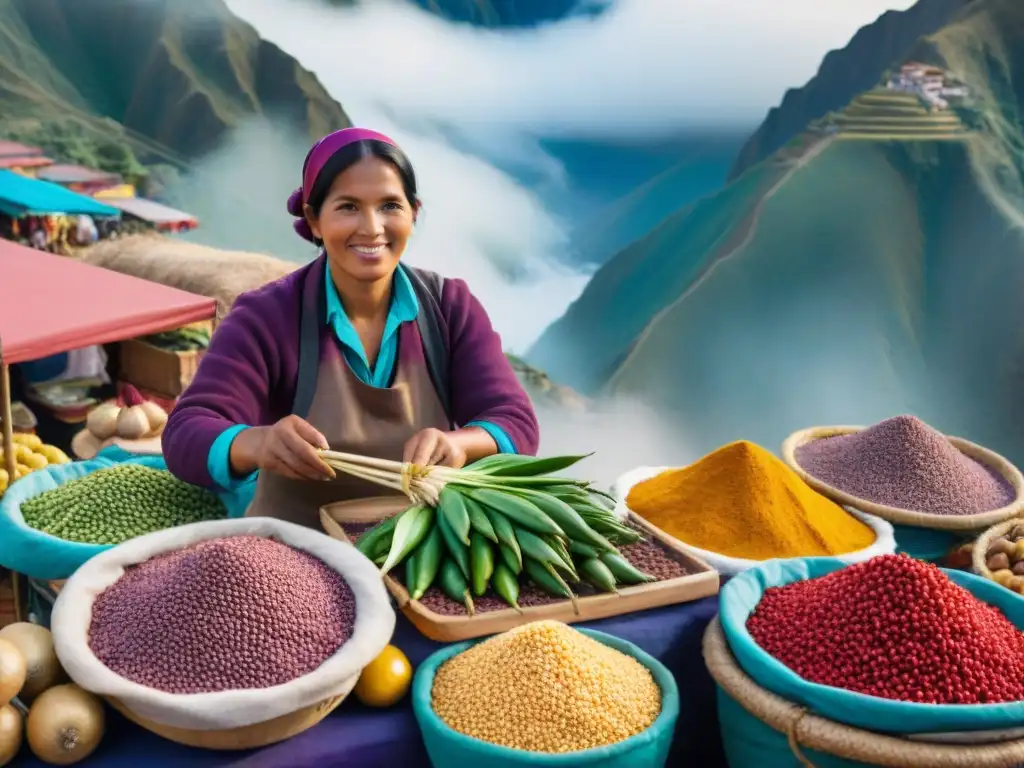 Un mercado peruano bullicioso con ingredientes autóctonos vibrantes y vendedores locales en trajes tradicionales