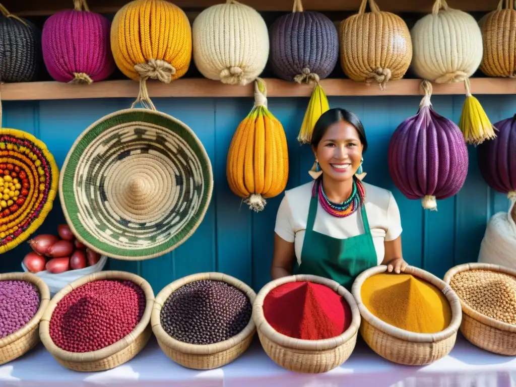 Un mercado peruano bullicioso con ingredientes autóctonos y colores vibrantes, reflejando la esencia de la cocina peruana