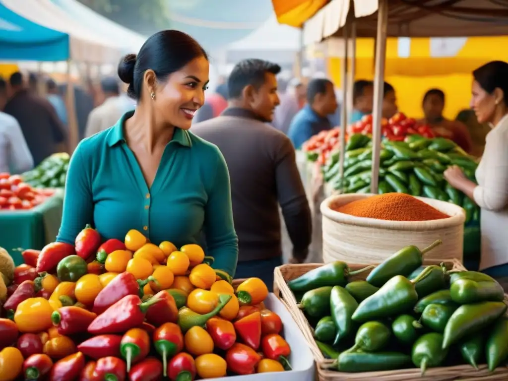 Un mercado peruano bullicioso con ingredientes frescos y coloridos para el Rocoto Relleno Peruano