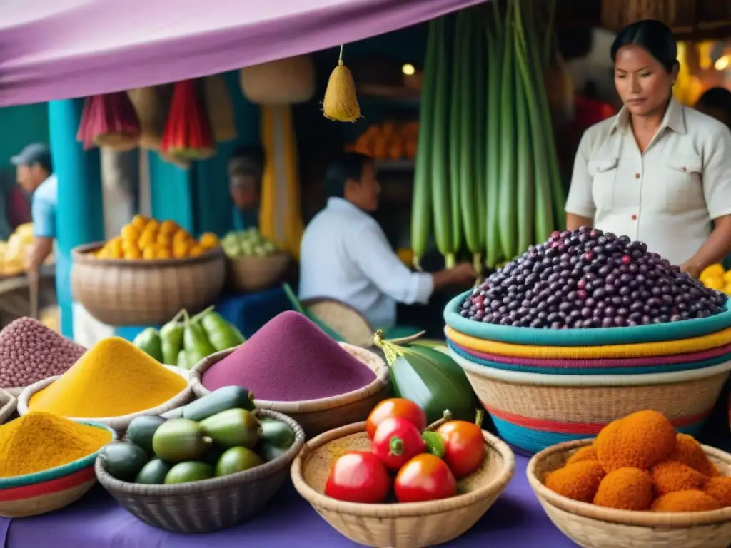 Un mercado peruano bullicioso con ingredientes autóctonos en cestas de mimbre y vendedores apasionados