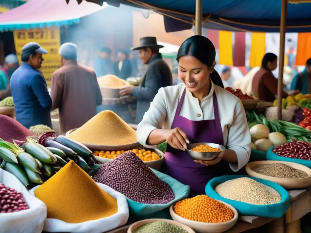 Mercado peruano bullicioso con ingredientes autóctonos vibrantes como maíz morado, quinua, ajíes y fruta de lúcuma