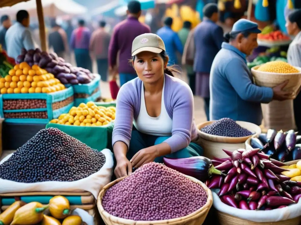 Un mercado peruano bullicioso con ingredientes autóctonos para la cocina peruana moderna