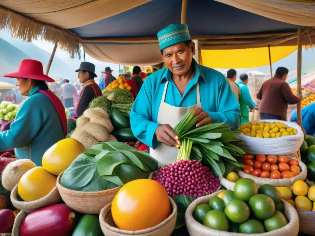 Un mercado peruano bullicioso con ingredientes locales para la cocina peruana, vendedores y clientes interactuando