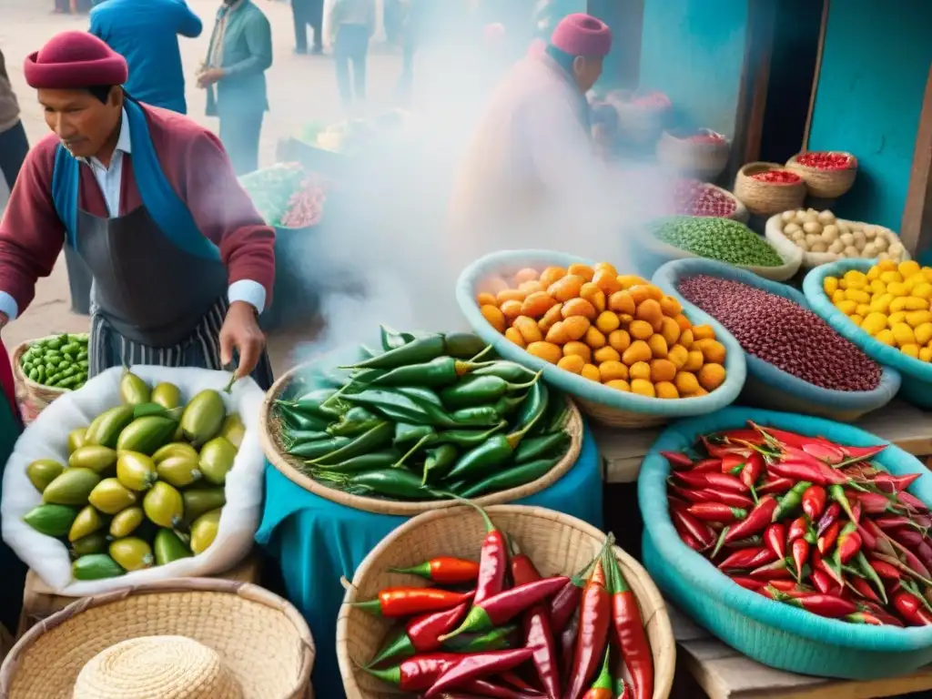 Un mercado peruano bullicioso con ingredientes locales vibrantes como chiles coloridos, frutas exóticas y mariscos frescos