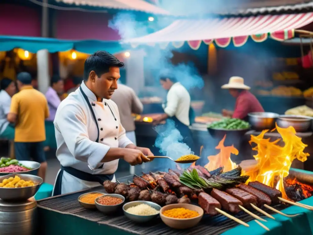 Un mercado peruano bullicioso con ingredientes coloridos y un chef experto en grill, en una tarde cálida