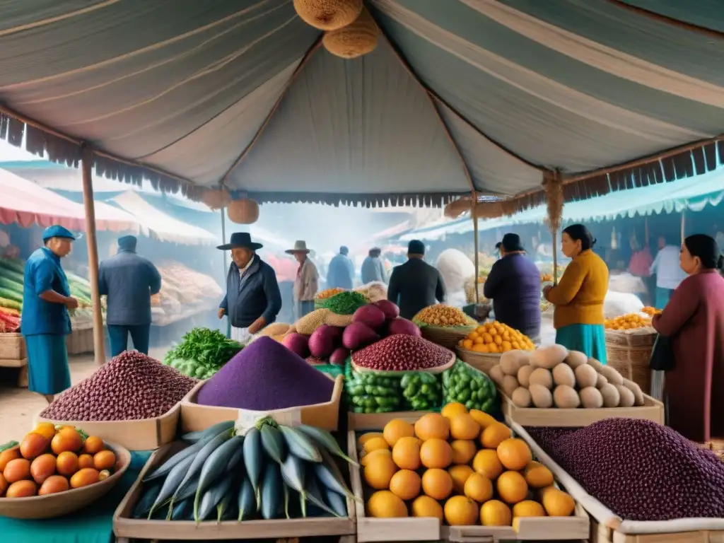 Un mercado peruano bullicioso con ingredientes autóctonos y coloridos