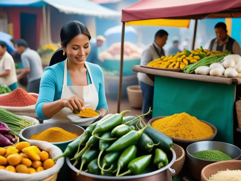 Un mercado peruano bullicioso con ingredientes frescos y un vendedor preparando ají de gallina