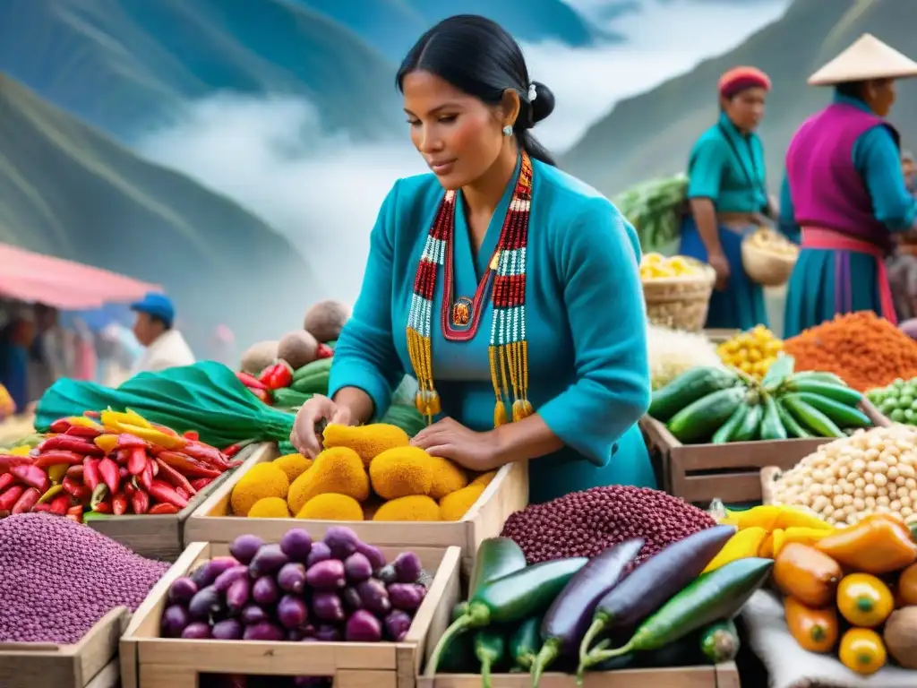Un mercado peruano bullicioso con ingredientes autóctonos y colores vibrantes