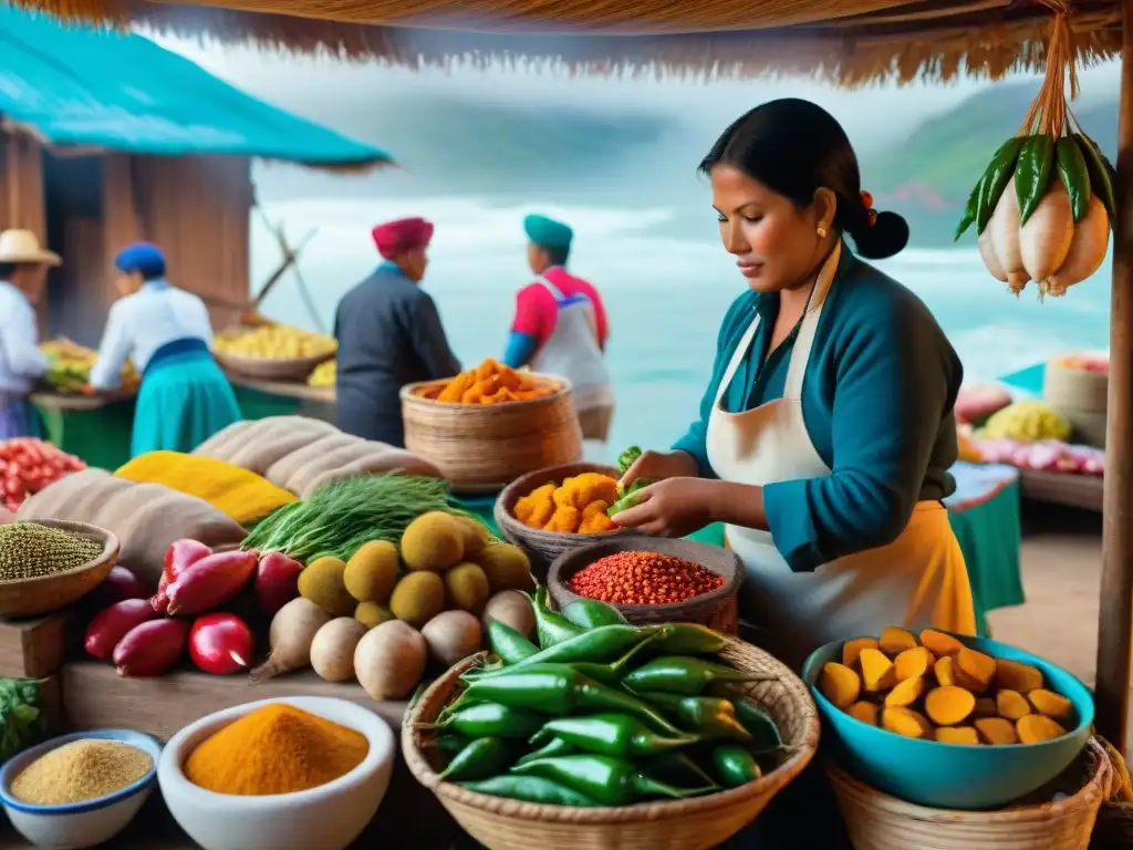 Un mercado peruano bullicioso con ingredientes autóctonos y vendedores locales