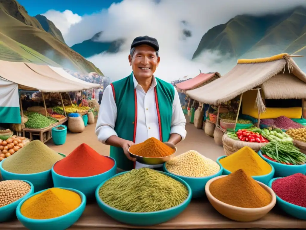 Un mercado peruano bullicioso con ingredientes frescos y vibrantes, exhibiendo la rica cultura culinaria de Perú