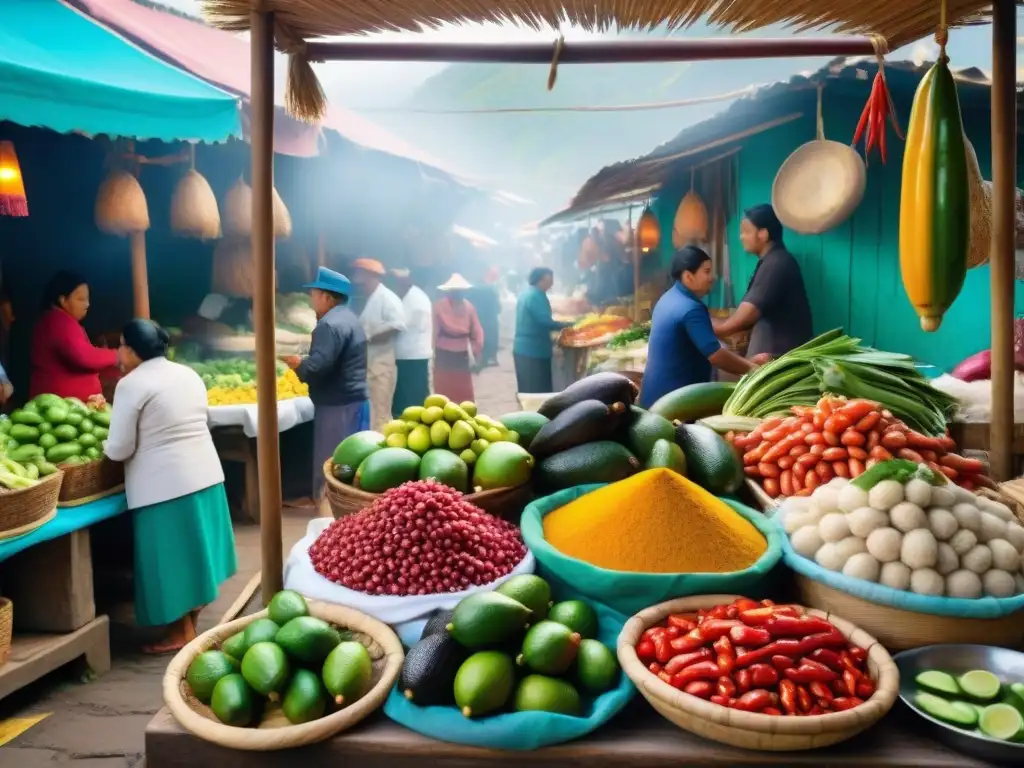 Un mercado peruano bullicioso, con ingredientes frescos para preparar ceviche