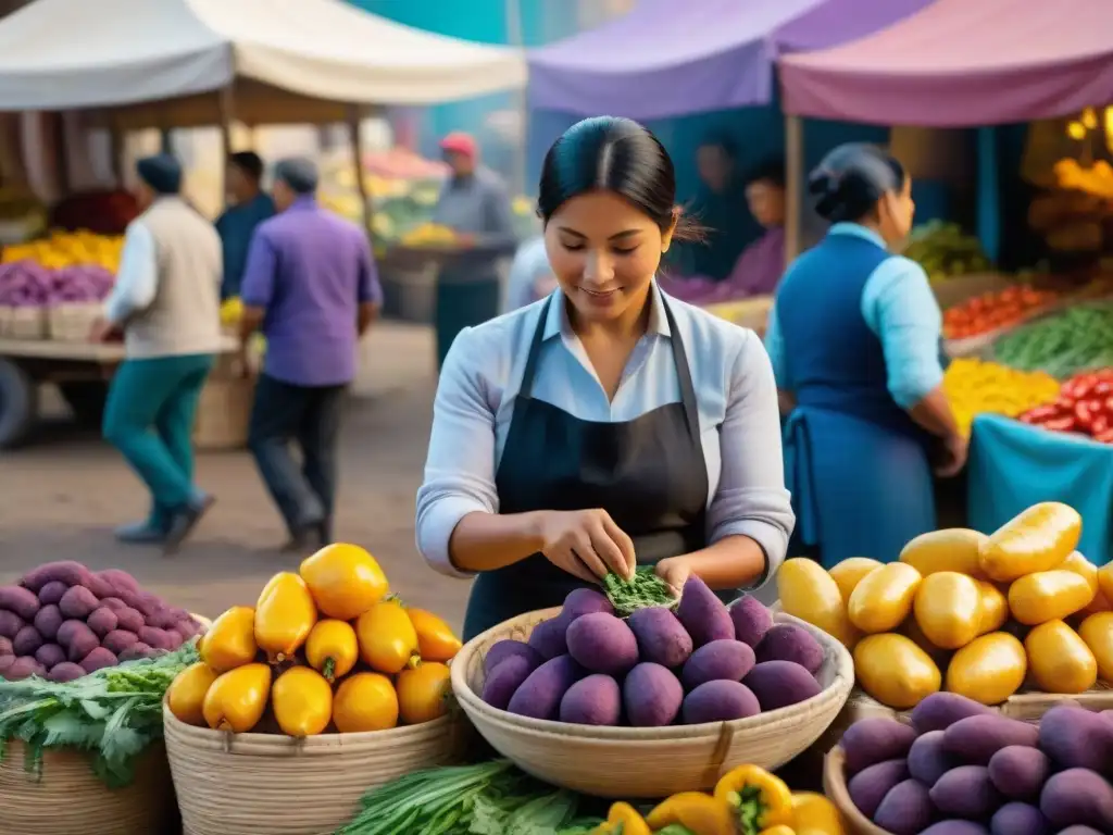 Un mercado peruano bullicioso con ingredientes frescos y vibrantes