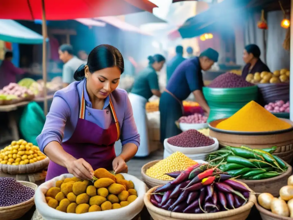 Un mercado peruano bullicioso con ingredientes autóctonos y vendedores locales en trajes tradicionales