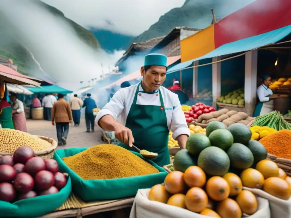 Un mercado peruano bullicioso con ingredientes tradicionales y contemporáneos, fusionando cocina peruana tradicional y contemporánea